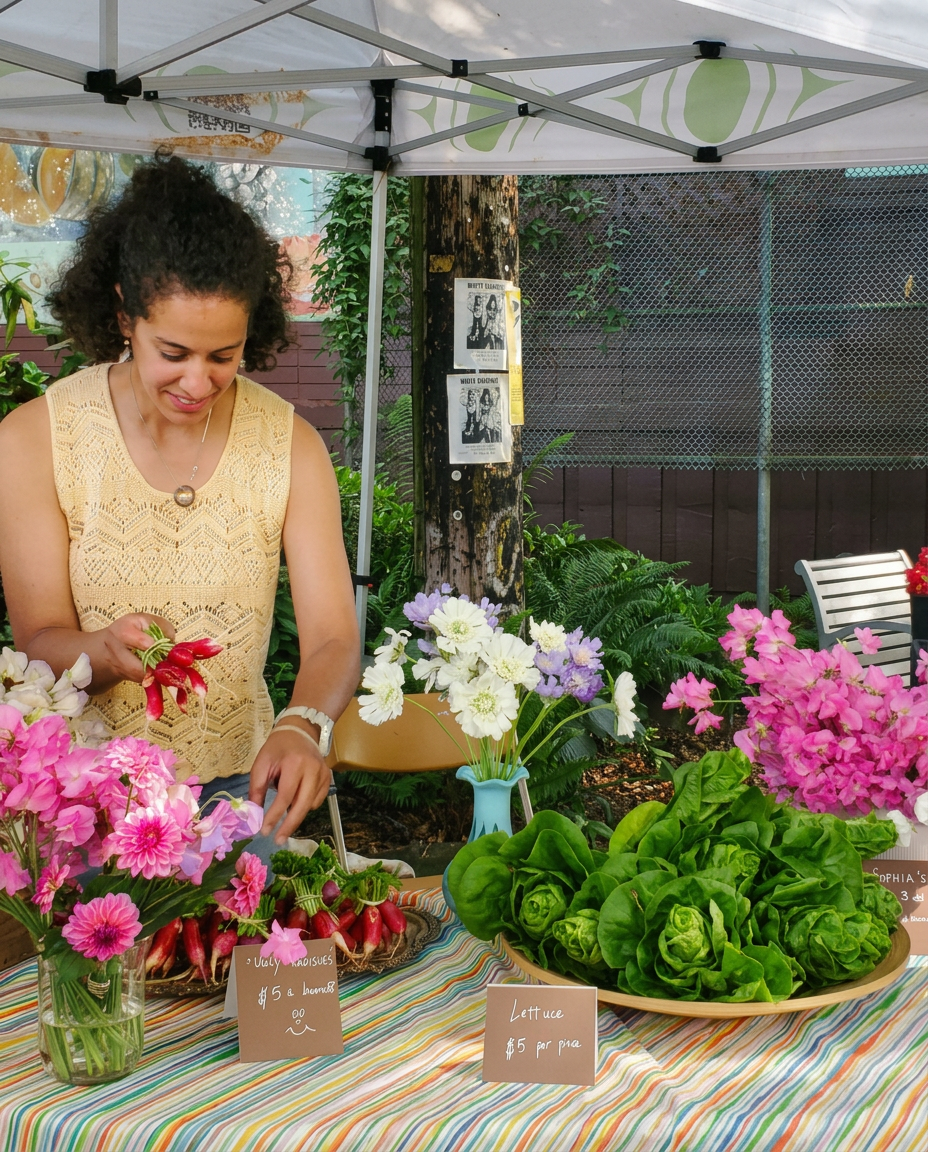 Imene at her farmers market stand with sweet peas, dahlias, radishes and lettuce