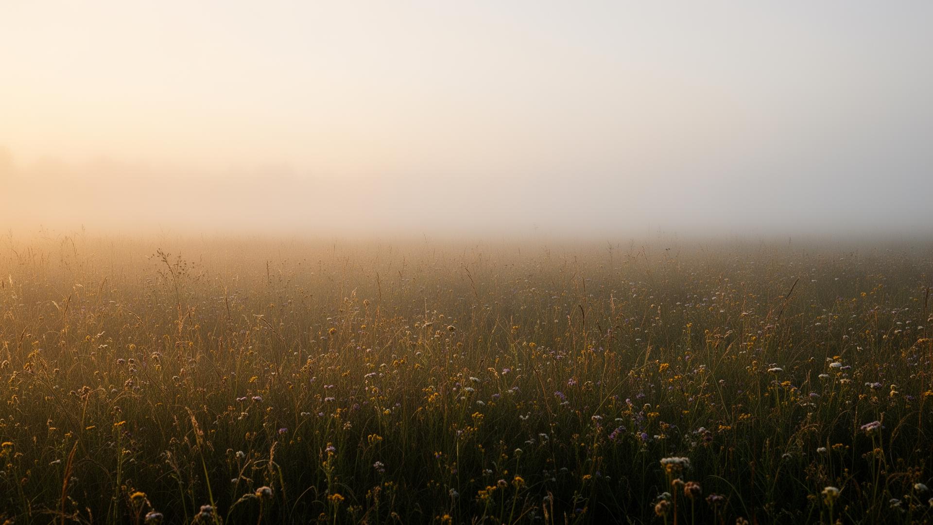 A wildflower meadow at dawn, soft mist hanging in the air