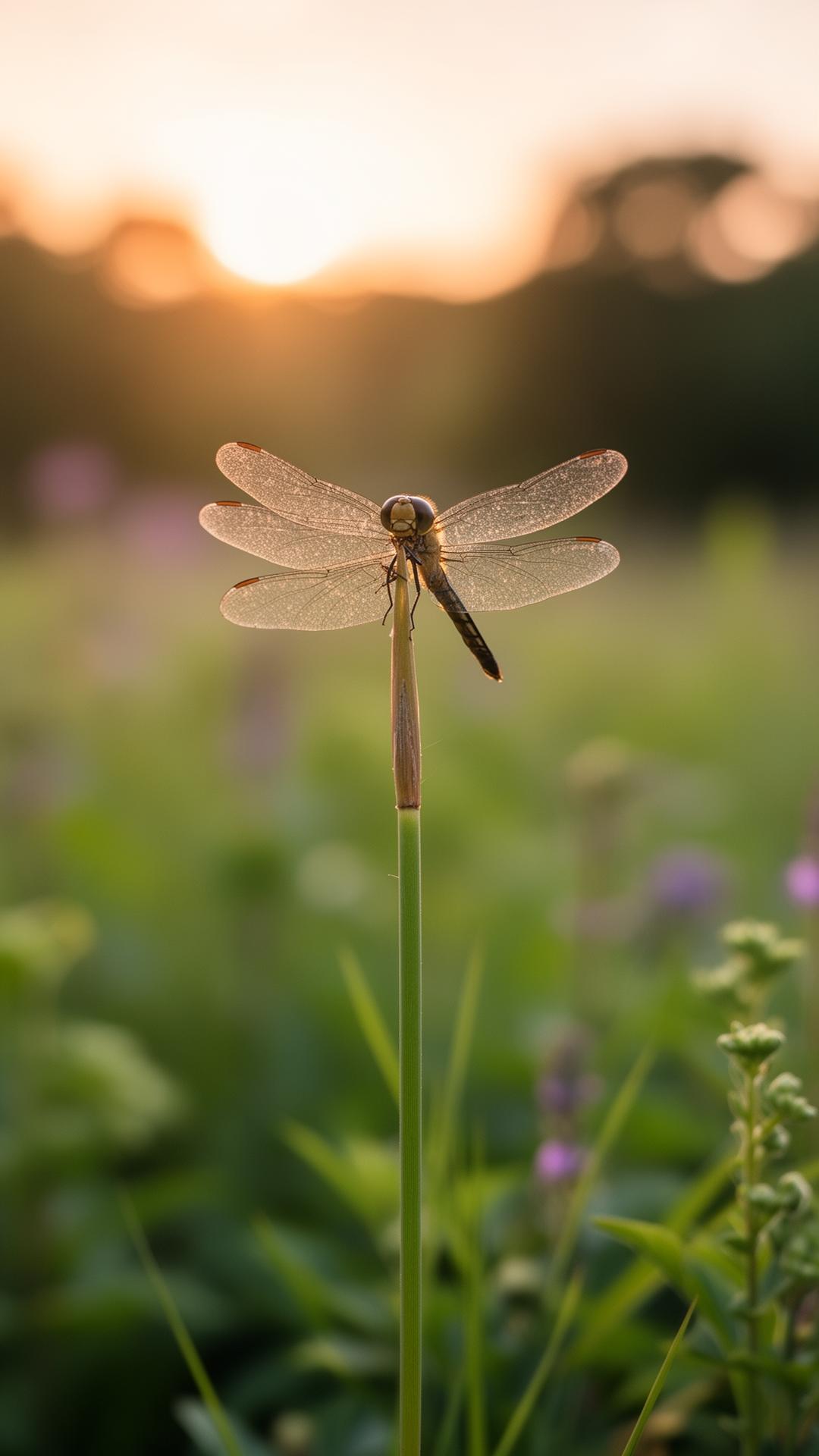 A dragonfly resting on a tall stem at dusk