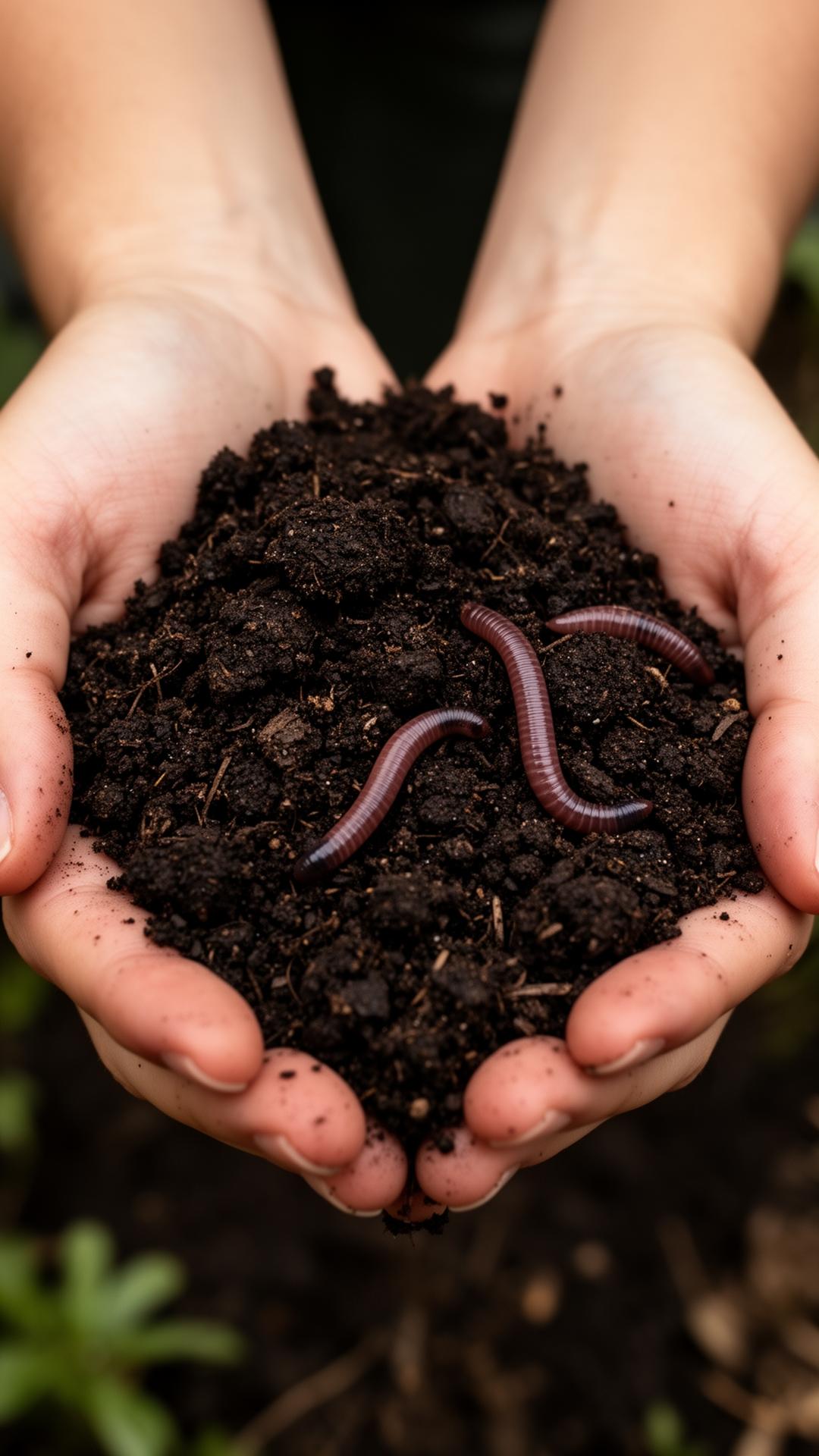 Hands holding dark living soil with earthworms