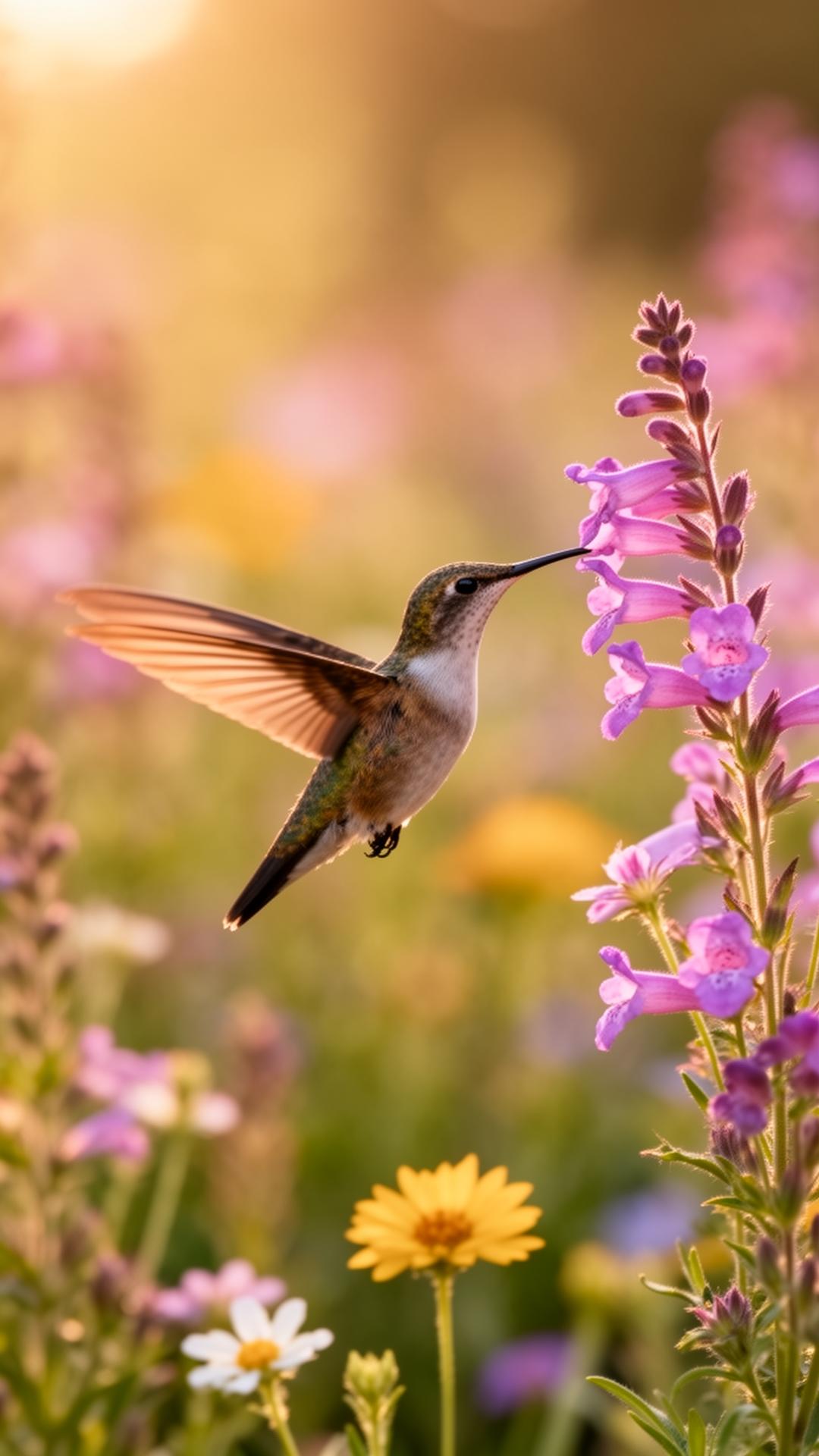 A hummingbird feeding from a tubular flower