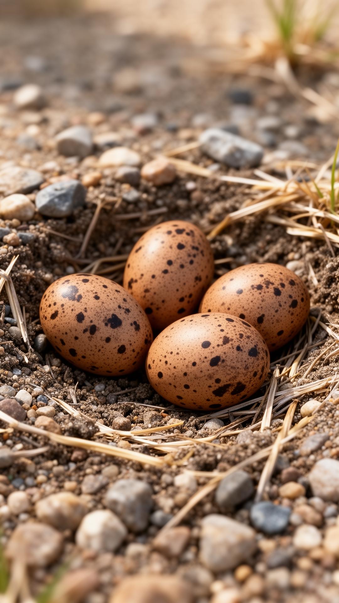 A killdeer nest with speckled eggs blending into the soil